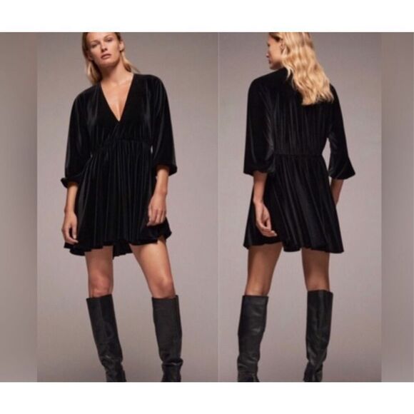 Zara Black Velvet Goth Puff Long Sleeve Mini Dress Size Small - Picture 7 of 7